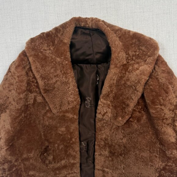 Vintage Faux Fur Shawl Collar Jacket Brown Hook Closure Plush Lined - Picture 4 of 16